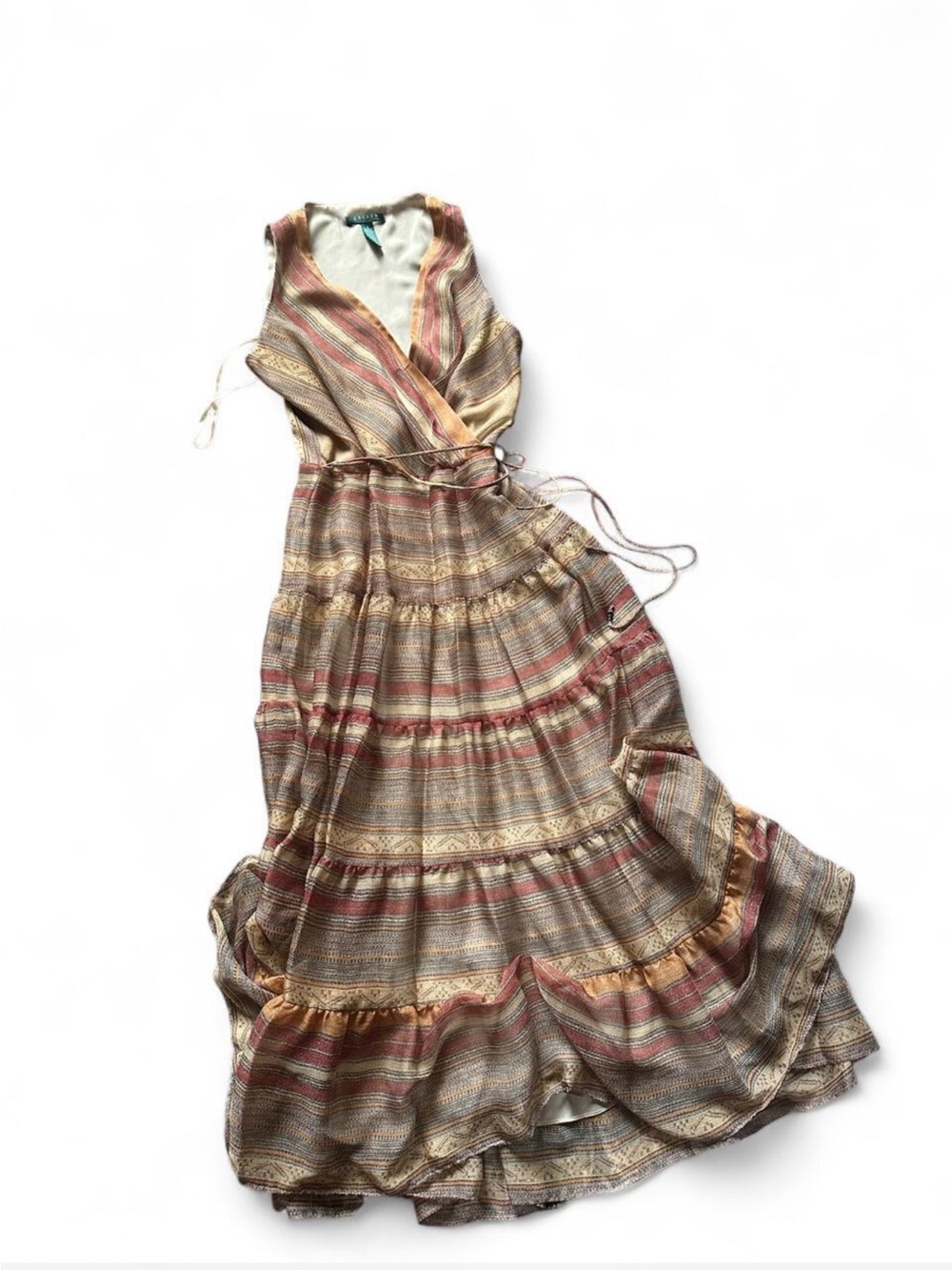 Ralph Lauren silky Brown and beige striped maxi dress with ruffles and tie waist